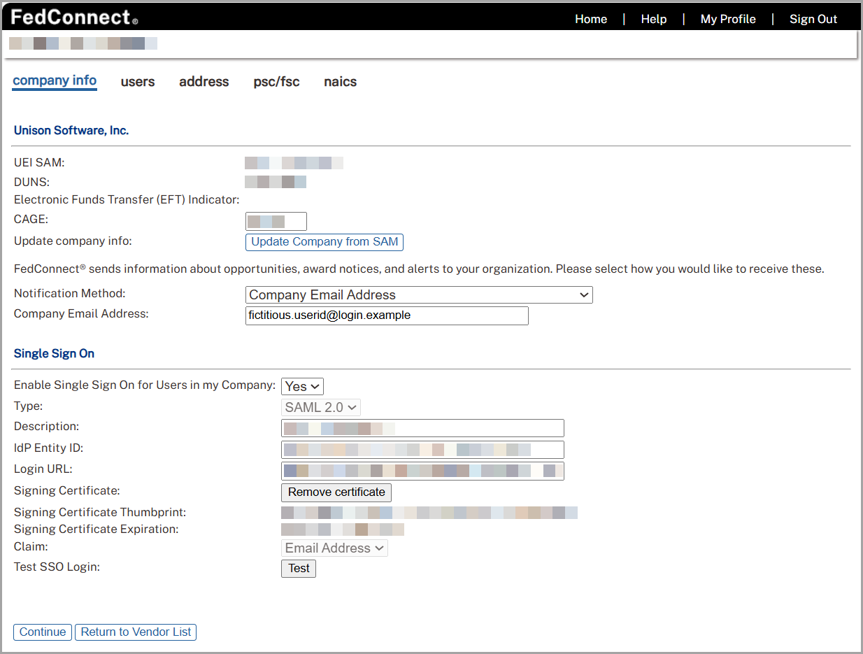 Company Info Page After SSO Certificate Upload